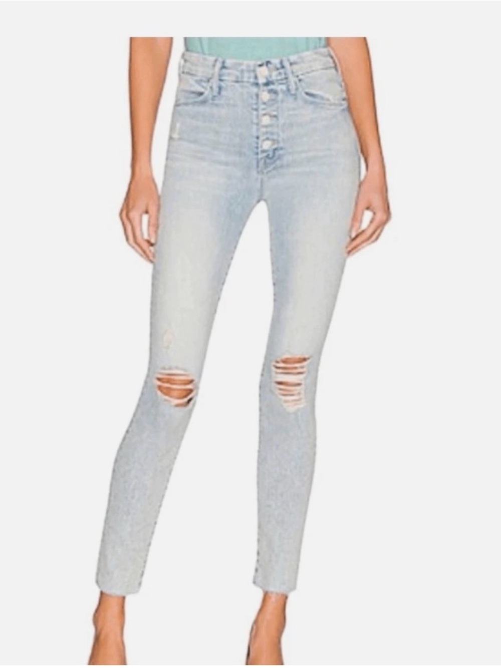 MOTHER The Pixie Ankle Fray toLight Blue High-Rise Distressed Skinny Jeans